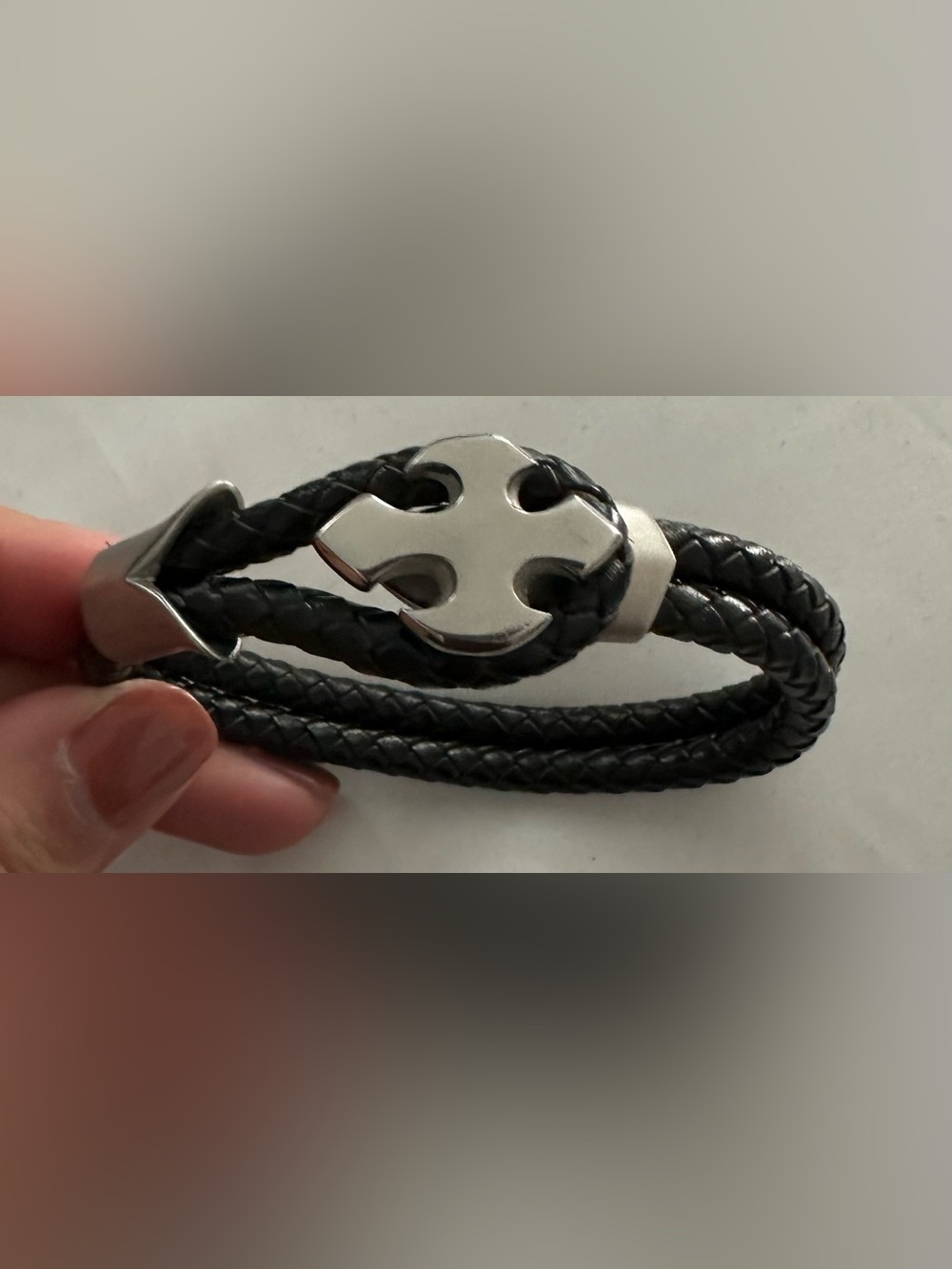Men's Black Braided Leather Bracelet with Silver Cross